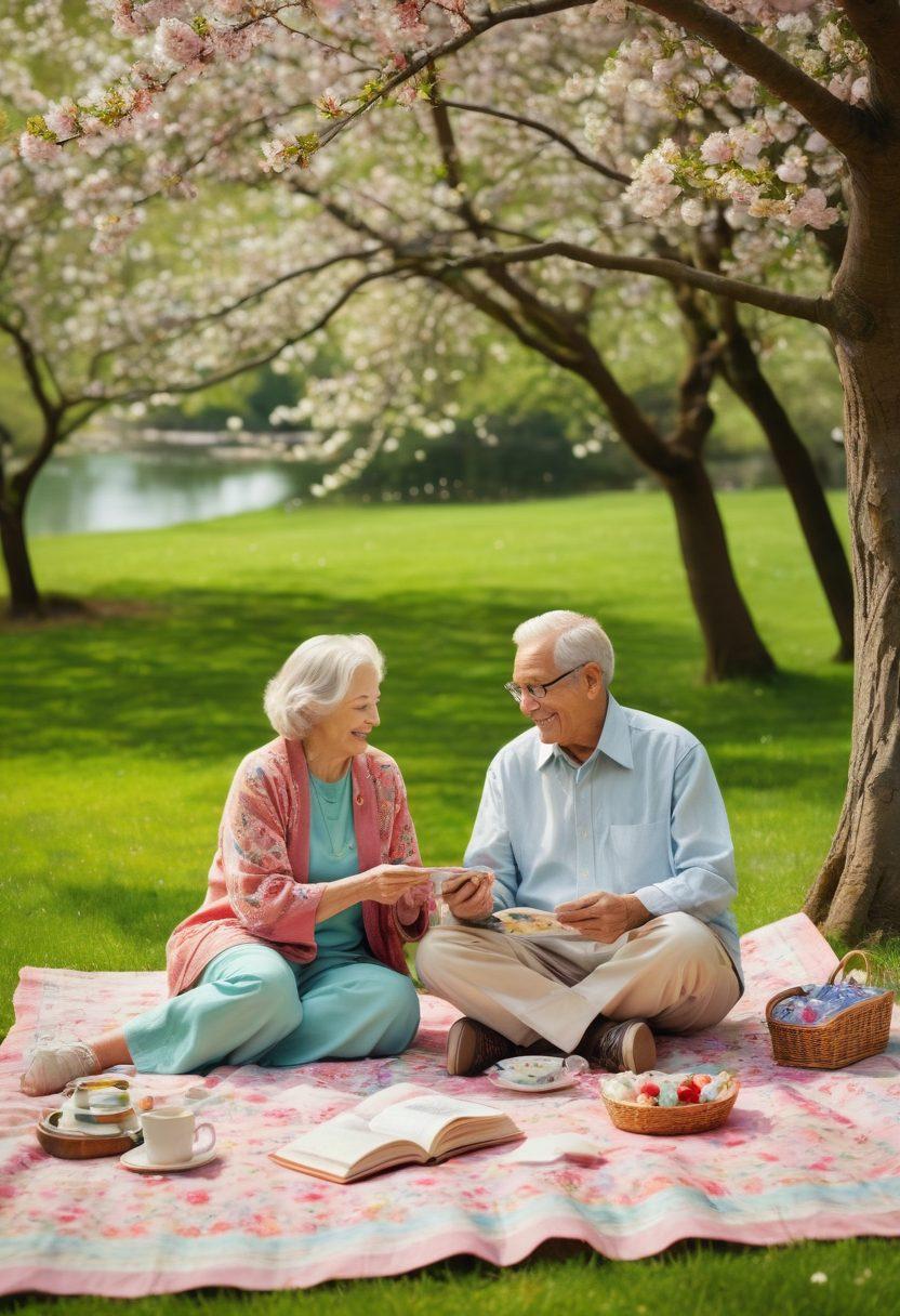 A serene park scene depicting a happy elderly couple enjoying a picnic under a blooming cherry blossom tree, surrounded by green grass and cheerful wildlife. Include elements representing financial planning like a calculator and a budget plan nestled among their picnic items. The atmosphere should be warm and inviting, illustrating balance between leisure and financial well-being. vibrant colors. super-realistic.