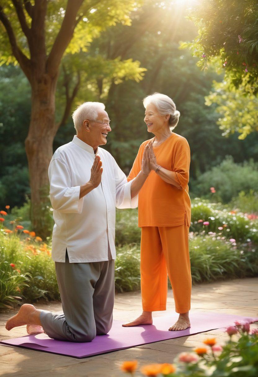 A joyful elderly couple engaging in a vibrant outdoor gathering, surrounded by lush greenery. They are participating in wellness activities like yoga and Tai Chi, while others are sharing laughter and conversations nearby. Incorporate elements of community with people of various ages joining in, colorful flowers in the background, and sunshine pouring through trees. bright colors. super-realistic. warm and inviting atmosphere.