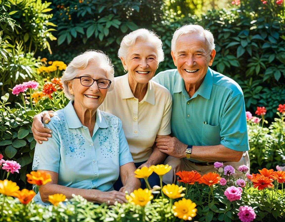 A cheerful elderly couple enjoying a sunny garden filled with colorful flowers, laughing while engaging in activities like painting or gardening, surrounded by family and friends. The scene conveys warmth, happiness, and vitality, with golden sunlight streaming through the leaves. Capture the essence of vibrant senior living with a touch of playfulness. bright colors. super-realistic.